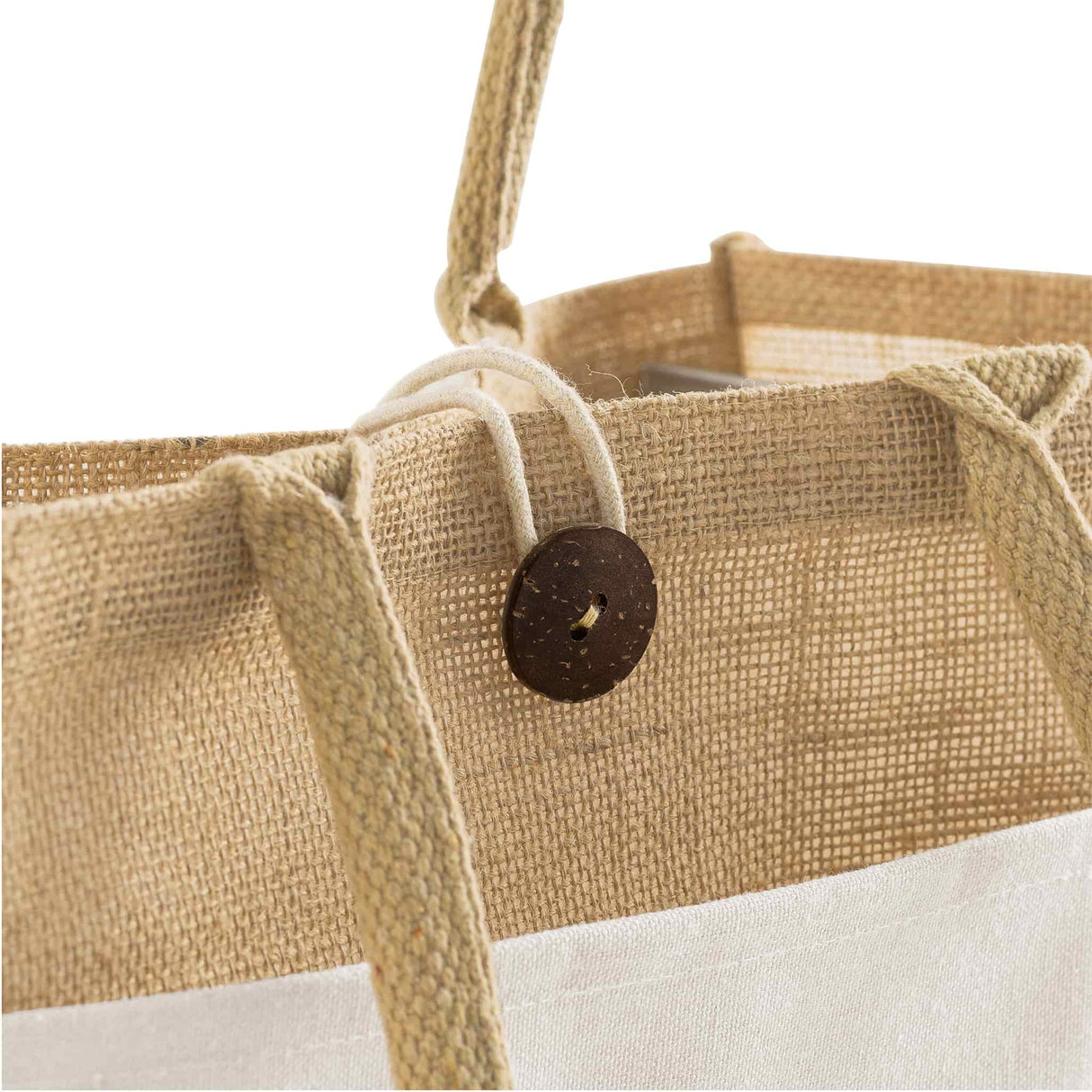 jute tote bag canvas front handle detail