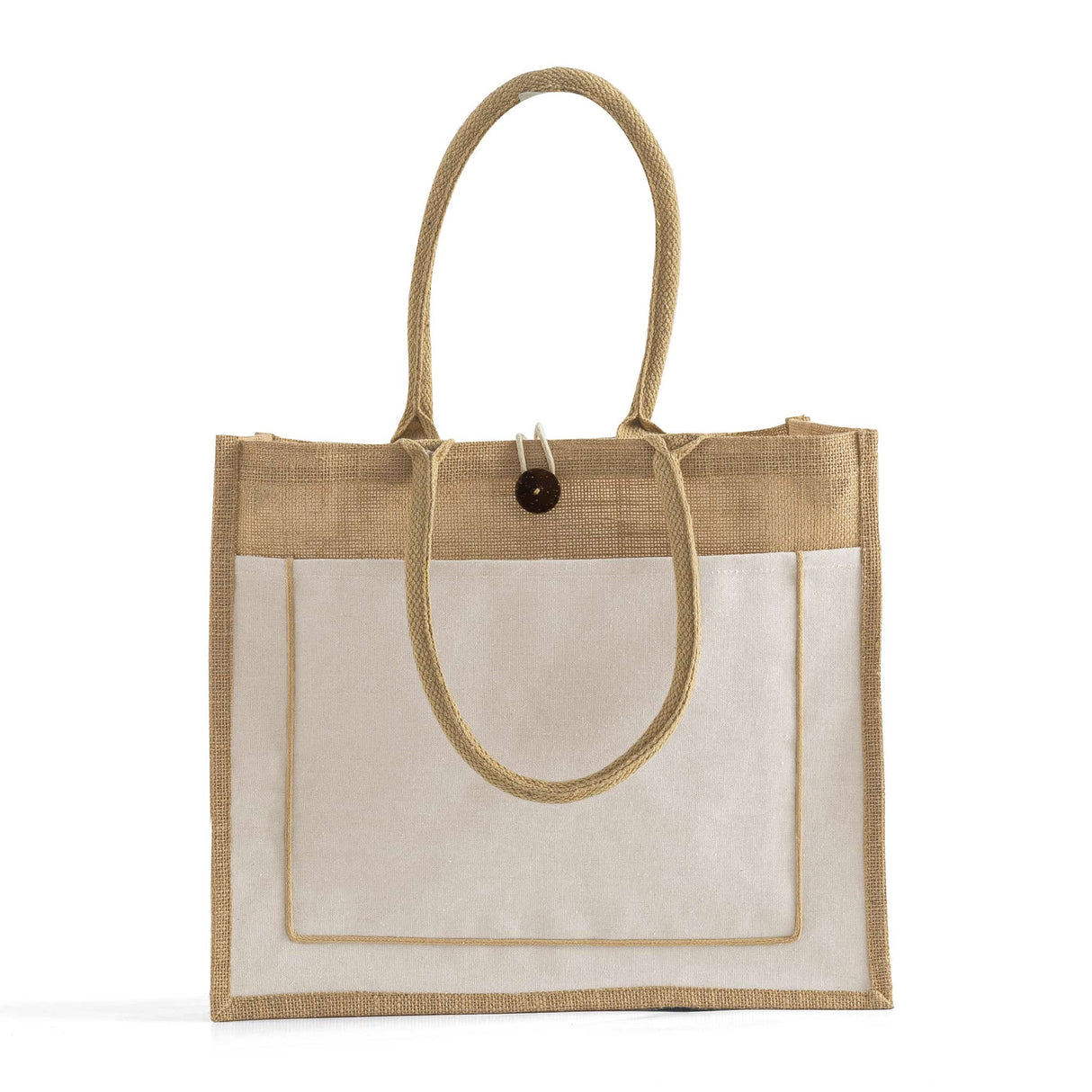 jute tote bag with canvas pocket front