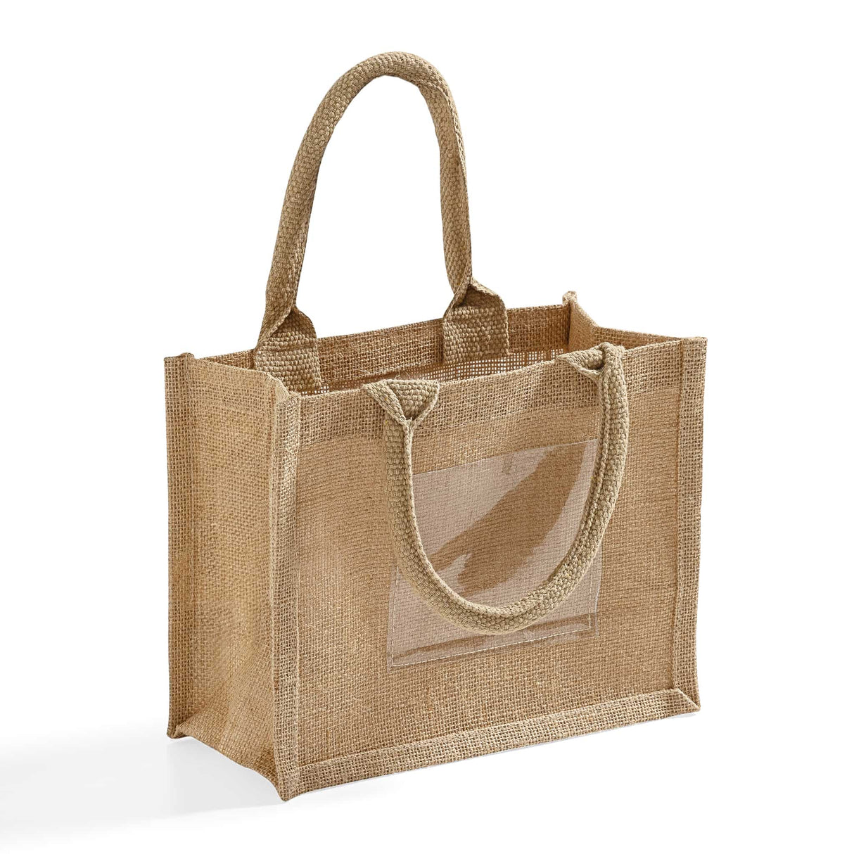 jute tote with clear front pocket