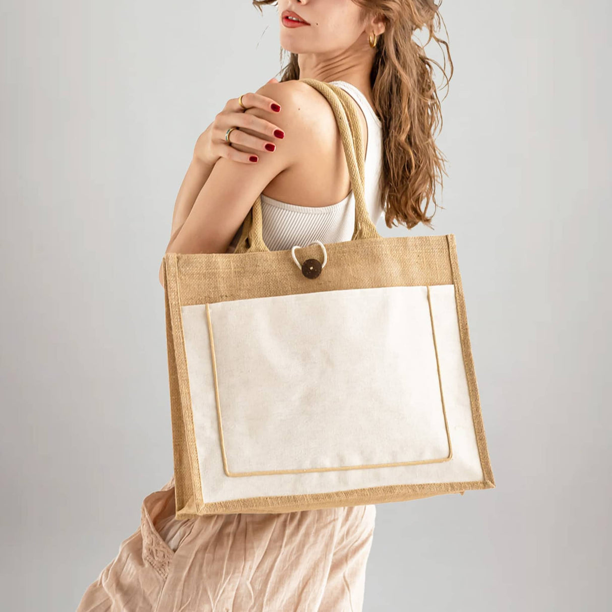 milan jute tote bag with canvas front pocket model