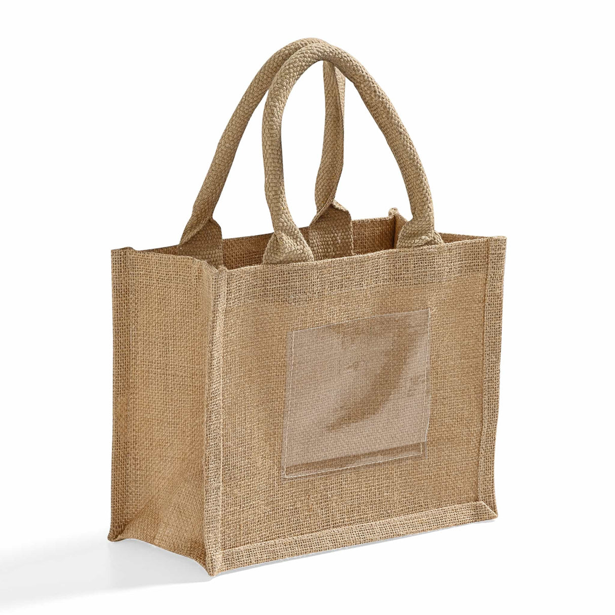 promotional jute tote with clear pocket