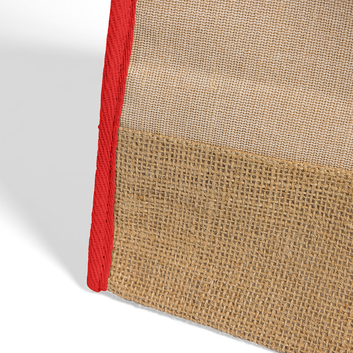 red jute tote bag bottom detail