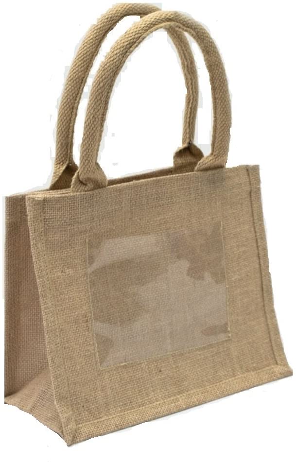 Mini Jute Gift Tote Bags w/Clear Pocket for Wedding Favors, Crafts, Decorations (12)