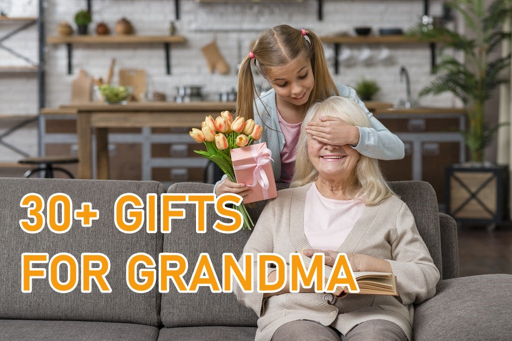 Girl giving her grandma surprise gift