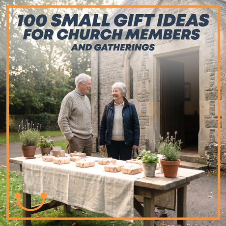 Small gift ideas for church members displayed at a fellowship gathering
