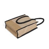 black jute tote bag with full accent and gusset