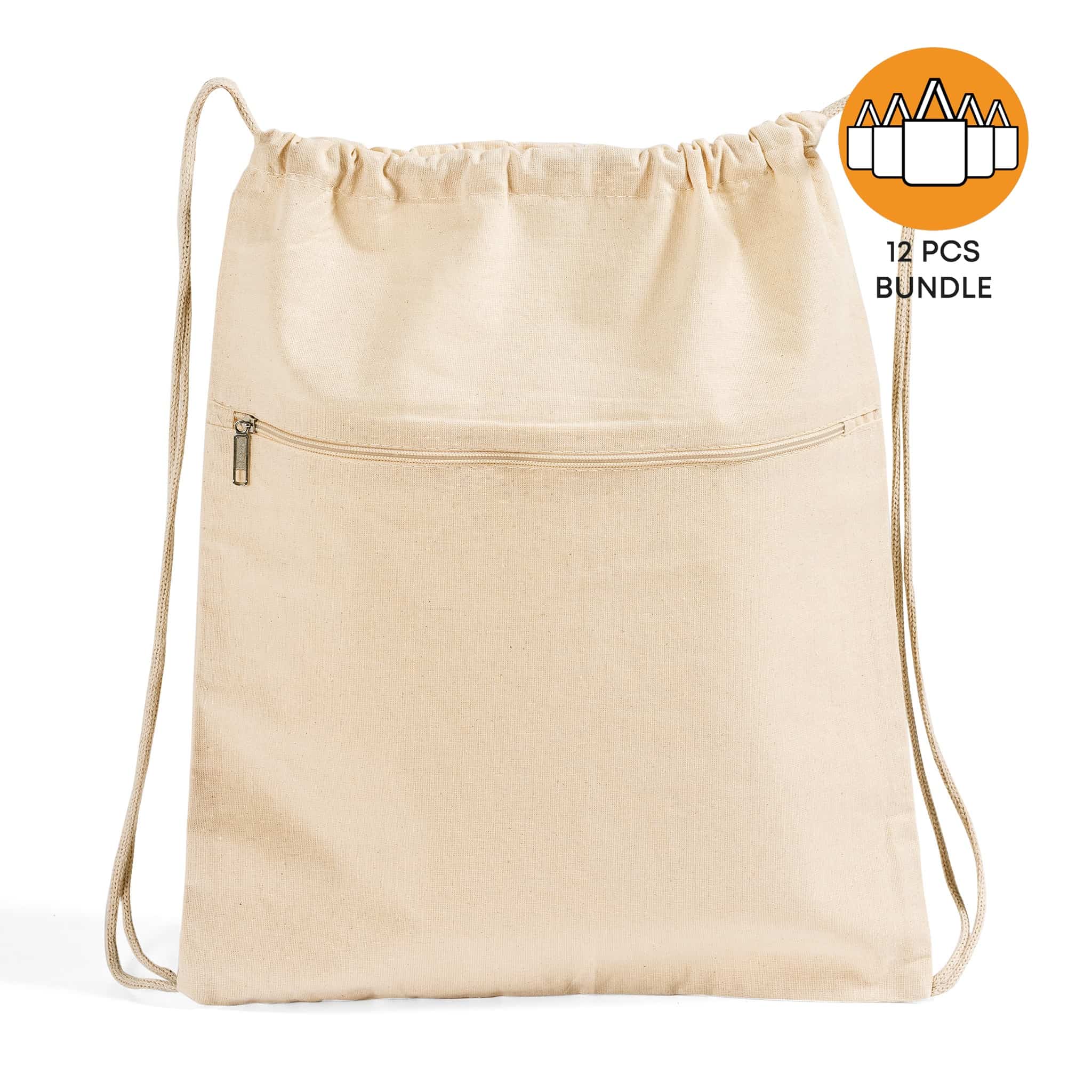 12 ct Zippered Cotton Canvas Drawstring Bag Backpack - By Dozen