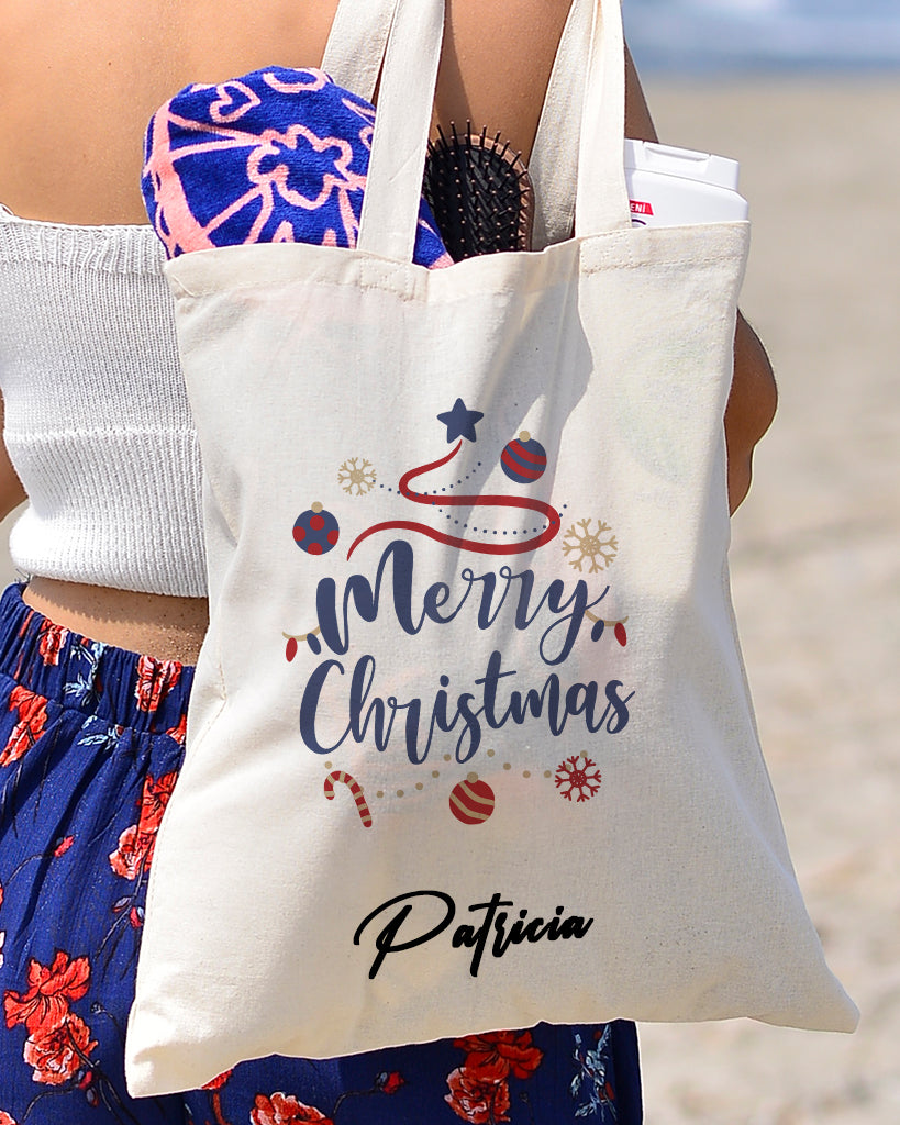 Personalized Christmas Tote Bags in Very Merry Blue