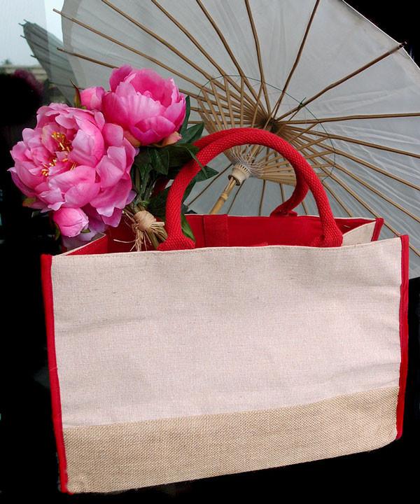 Jute Tote Bag, 'Fire Blossom' - Floral Jute Embroidered Shoulder Bag