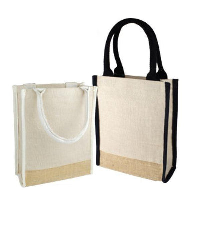 6 ct Small Jute Blend Tote Bags with Full Gusset and Burlap Accents - Pack of 6