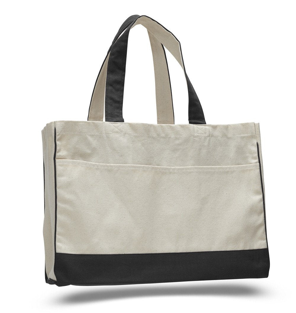 Black canvas tote bag with clearance pockets