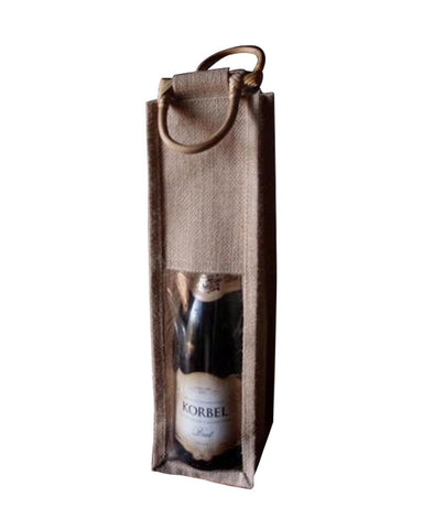 5 ct Single Bottle Burlap Gift Wine Bags with Wooden Handles & PVC Window - Pack of 5