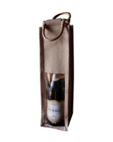 100 ct Single Bottle Burlap Gift Wine Bags with Wooden Handles & PVC Window - By Case