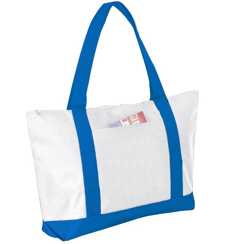 Customized Polyester Beach Tote Bags with Zipper - Personalized Tote Bags with Your Logo - BS217, White / Black / Embroidery / Front by Tote Bag