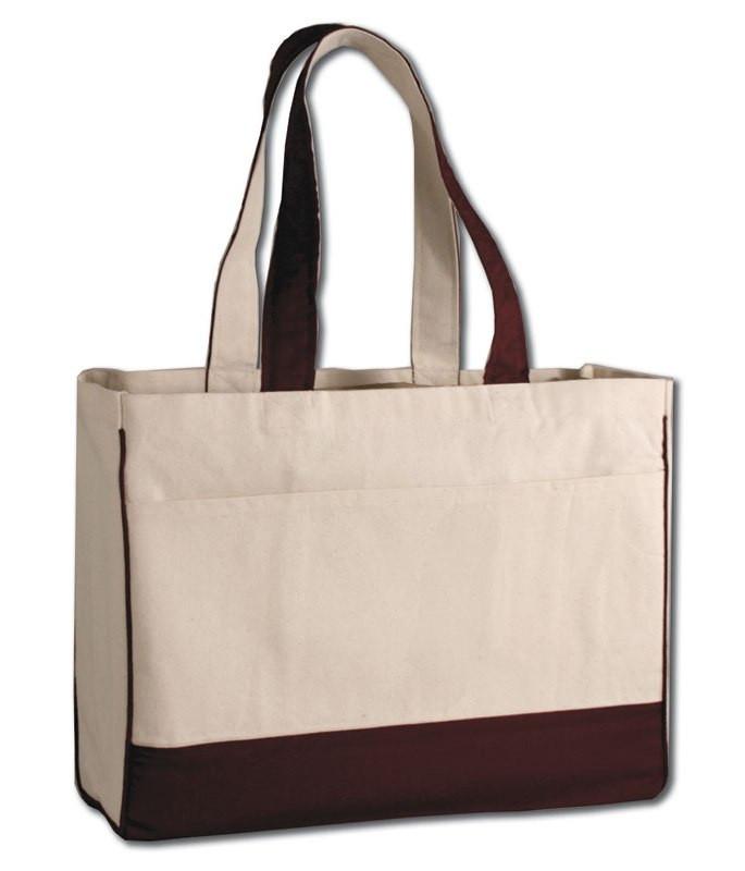 Cheap Cotton Canvas Tote Bag with Zipper Pocket Chocolate Striped