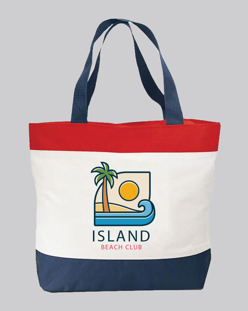 Custom Tri-Color Deluxe Poly Zipper Beach Tote Bags - Sublimation Tote Bags with Your Logo - BS134, Red / Navy / 1-Color / Front and Back by Tote Bag