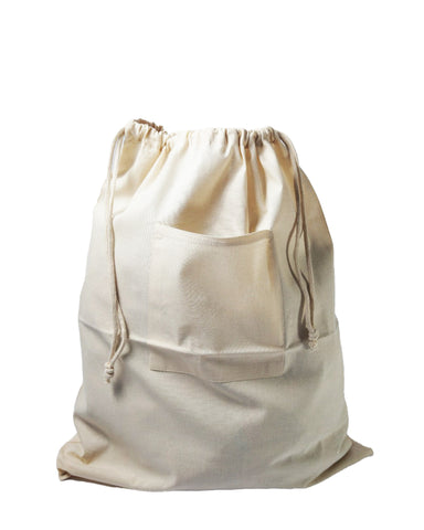 12 ct Drawstring Cotton Laundry Bag W/ Front Pocket - By Dozen