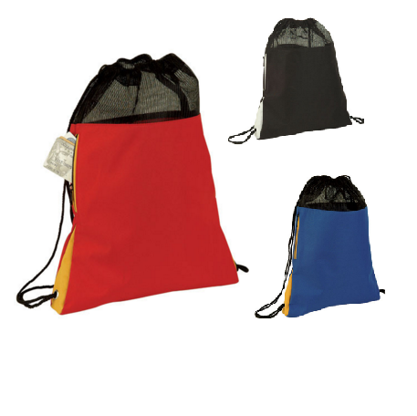 Tri Tone Polyester Mesh Drawstring Bag and Backpacks w/ Side Pocket