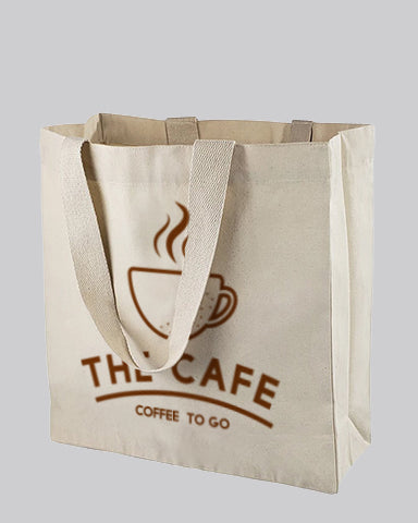 A custom canvas tote bag, shopping bag, and paper bag